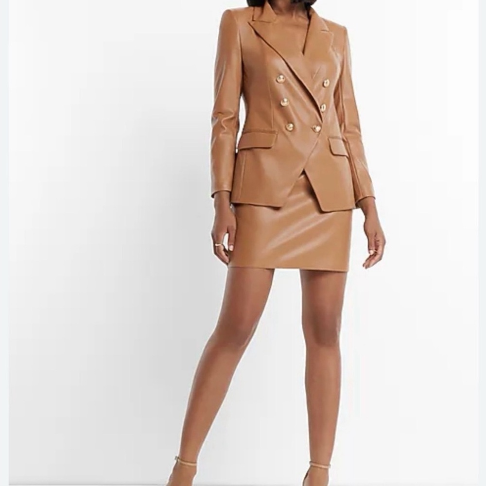 Express Women's Camel Double-Breasted Faux Leather Blazer